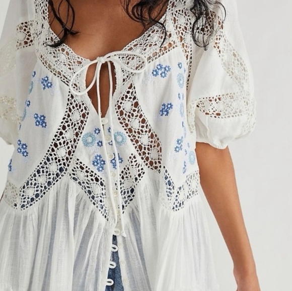 Free People Delilah Tiered Maxi Top Billowy Crochet Lace Embroidered Ivory S NWT - Picture 8 of 16